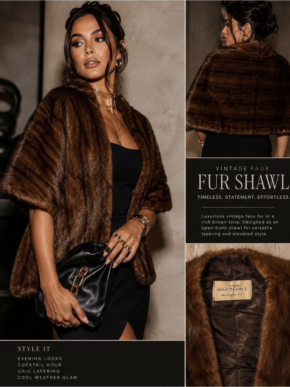 Vintage-Style Faux Fur Shawl - Rich Brown